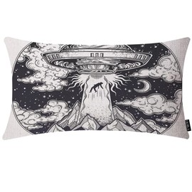 EKOBLA Alien Spaceship Rectangle Pillow Cases Abduction of A Human On Moon Night Mountain Decorative Pillow Covers Cotton Linen Cushion Cover for Home Sofa Couch Decor 12x20 Inches