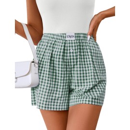 LOMON Womens Boxer Shorts Casual Summer Cotton Pajama Lounge Sleep Pj Gingham Plaid Shorts Y2K Beach Bottoms (Green White Plaid M)