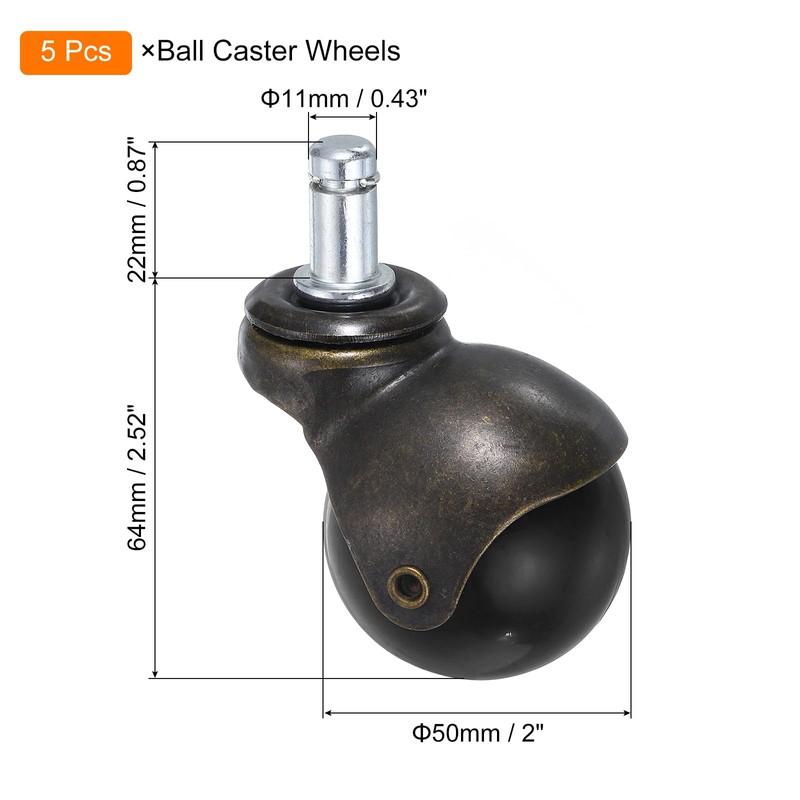 uxcell 2 Inch Ball Caster Wheels, 5pcs Stem Caster, 360