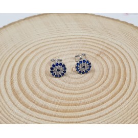 MYSTIC JEWELS By Dalia - 925 Sterling Silver Cubic Zirconia Turkish Evil Eye Stud Earrings (Round)