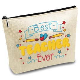 CREATCABIN Make Up Taschen Aufschrift Best Teacher Ever Handtasche Multifunktionale Kosmetiktasche Segeltuch Reißverschluss Kulturbeutel Reise Waschbeutel Werkzeugtasche Aufbewahrungstaschen 25x18cm