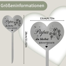 Scinzene Heart Grave Decoration Weatherproof Metal Grave Decoration with Saying Papa du bleibst unvergessen and Dandelion Design - Eternal Memory for Cemeteries and Memorials
