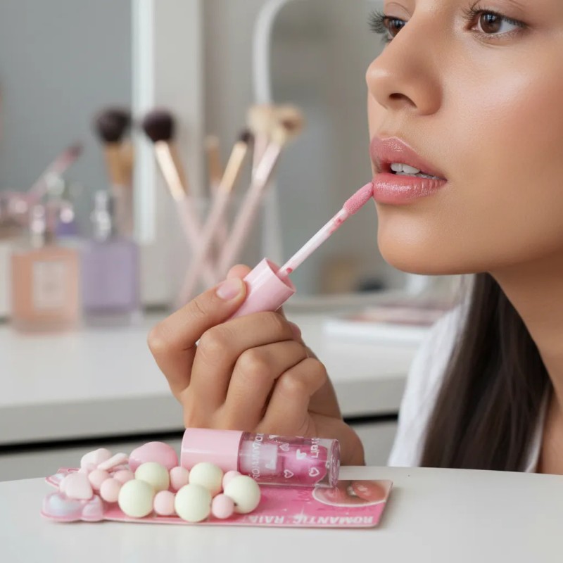 Brillo Labial Gloss Rosa Kawaii Con Llavero Moño Cuentas Ros