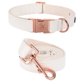 Elegant little tail Leather Dog Collar and Lead White Durable Dog Collar, Girls or Boys Collar, Adjustable Dog Collars for Medium Dogs, Neck 13.4-22 Inch