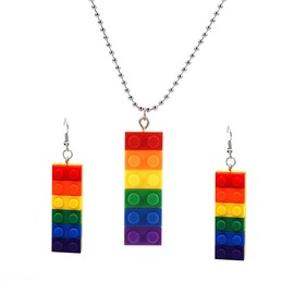 liveliwithmin Rainbow Building Blocks Necklace Earrings Set Gay Pride Rainbow Dangle Drop Earrings for Women Men Rainbow Earrings Necklace Homosexuality Jewelry Gift (colorful)