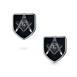 Bling Jewelry Freemasons Masonic Compass Symbol Shield Shape Cufflinks for Men Black Silver Two Tone Stainless Steel Hinge Back