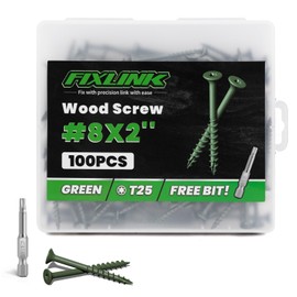 Wood Screws 2 Inch, FIXLINK Deck Screws #8 x 2, 100 PCS, Epoxy Coated, T25 Star Bit Above 1500 Hour Salt Spray Coating Outdoor Decking Screws Excellent Rust Resistant for Wood Fence, Green