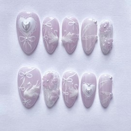 24 Pcs Handmade Press on Nails Short Almond Nail Tips,YEFIUO Acrylic Nail Kit Summer Fake Nails Press ons Glue on Nails Full Cover Reusable False Nails 3D Swan Flowers Heart Bow Nail Art for Ma'am