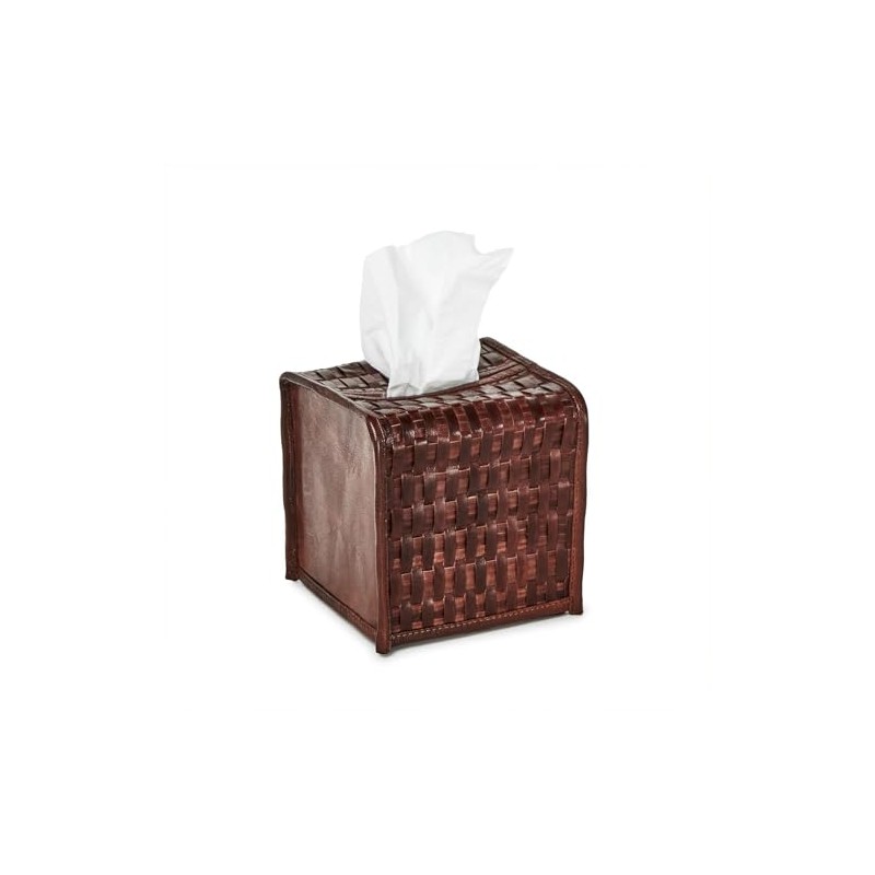 Two's Company Chestnut Woven Leather Tissue Box Cover, 5.5-Inch