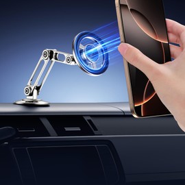 BPTAKOO Ultra Magnetic Long-Arm Phone Holder Stand, Fits for MagSafe Car Mount Bracket【Windshield+Vent+Dash】, 360° Rotation Adjustable Strong Magnet Car Mount Desk Office Phone Cradle Holder, Silver