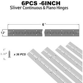 6Pack Silver Continuous & Piano Hinges 1.2" Open Width X 0.04" Thickness X 6'' Heavy Duty Piano Hinges with Hole Polished Stainless Furniture Hinges for Boats Cabinets Storage Box,36 Screw Included