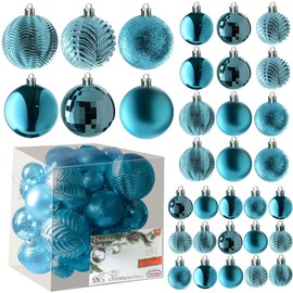 Prextex Acid Blue Christmas Ball Ornaments for Christmas Decorations - 36 Pieces Xmas Tree Shatterproof Ornaments with Hanging Loop for Holiday and Party Decoration (Combo of 6 Styles in 3 Sizes)
