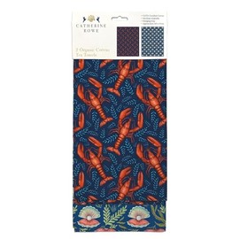 Tea Towels - Organic Cotton - Artistic Design Lobsters and Oysters by Catherine Rowe - Set of 2 - Stylish Home Accessory