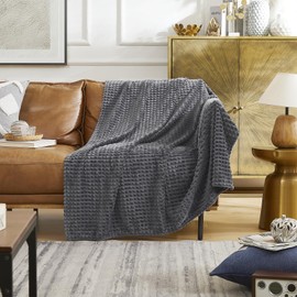 KASYLAN Super Soft Flannel Fleece Throw Blanket Grid Jacquard Decorative Warm Cozy Blanket for Sofa, Couch, Bed, Camping, Travel, Suitable for All Seasons(Dark Grey, 127x152cm)