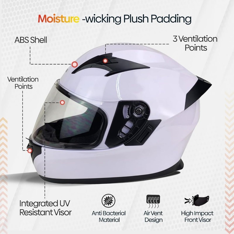 PITMOTO PM-888, Full Face Dual Visor DOT Approved Motorcycle Helmet-White-Large