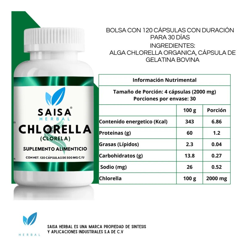 Alga Chlorella Orgnica 120 Cps Suplemento Alimenticio Saisa Herbal Detox,