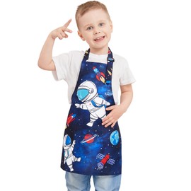 WERNNSAI Children's Apron, Waterproof, Polyester Kitchen Apron for Boys and Girls with Adjustable Neck Strap and Pocket, for Cooking, Baking, Painting (2–12 Years), Space