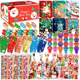 218 Pcs Christmas Stationery Set for Kids Includes Pencil sharpener Eraser Ruler Stamp Mini Notebook Treat Bags Stickers, Xmas Party Themed Classroom Gift Exchange School Games Prizes Carnival Events