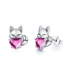 Fox Earrings Children's 925 Sterling Silver Birthstone Earrings Cute Animal Stud Earrings with Crystal Fox Jewellery Gifts for Women Girls, Sterling Silver, Crystal