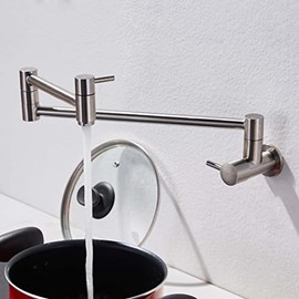 Trywell Kitchen Sink Pot Filler Faucet Wall Mounted Single Hole 304 Brushed Stainless Steel Foldable Double Joint Swivel 2 Handles