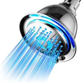 PowerSpa All Chrome 4-Setting LED Shower Head with Air Jet LED Turbo Pressure-Boost Nozzle Technology; 7 Colors of LED Lights Change Automatically Every Few Seconds