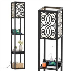 Tangkula floor lamp with Shelves and Drawer, Modern with 1 Power Outlet and 2 USB Ports, Standing for Living Room and Bedroom, Black (Carved)