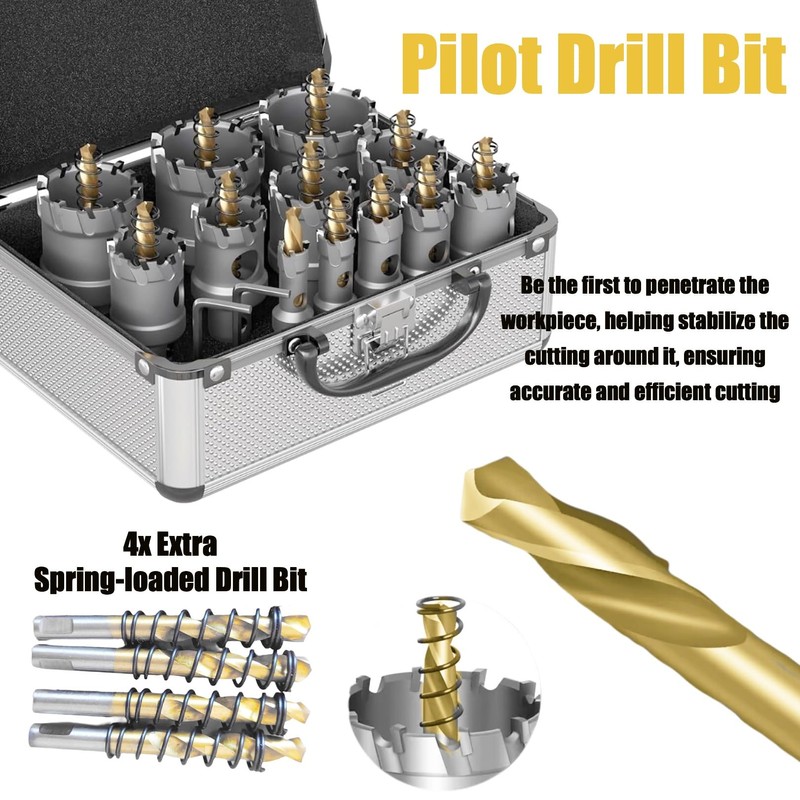 Metal Hole Saw Kit, 16pcs TCT 5/8"-2-1/4" Carbide Hole Saw