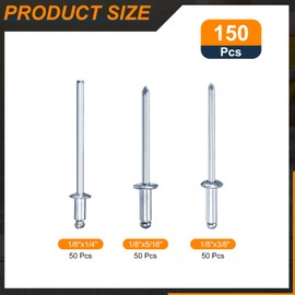 sourcing map 150Pcs 1/8"x1/4", 1/8"x5/16", 1/8"x3/8" Round Head Blind Rivets Assortment Kit, Zinc-Plated Carbon Steel Grip, and Mandrel Cap Blind Rivets, Silver