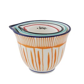 Creative Co-Op Hand Stamped Striped Stoneware Measuring Cups (Set of 4 Sizes/Designs)