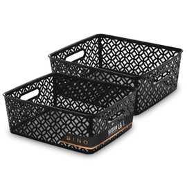BINO l Plastic Storage Baskets, Large - Black | THE BLOSSOM COLLECTION l Multi-Use Organizer Bin l Built-in Handles l Plastic Woven Basket for Organizing l Pantry & Home Organizing Basket