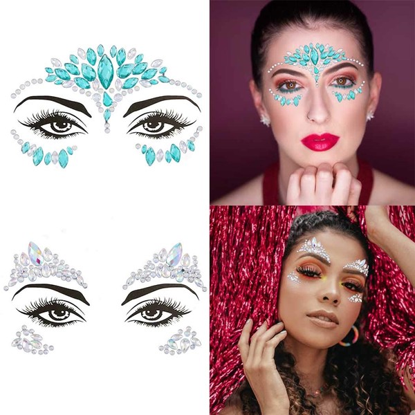 Aularso Rhinestone Face Gems Mermaid Face Jewels Rave Party Crystal Body Eyes Jewel Temporary Halloween Face Stickers for Women and Girls 2PCS