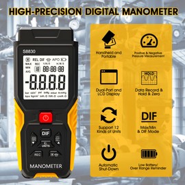 Manometer T9-S8830, Water and Oil Digital Manometer Max 36.8KPa, Store of 99 Groups of Data Gas Engineer Tools, HVAC Pressure Gauge 12 Measuring Units