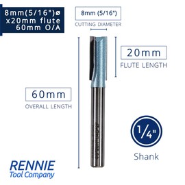 Rennie Tools - 8mm Cutting Diameter x 20mm Flute x 1/4" Shank TCT Tipped 2 Flute Straight Router Cutter Bit. Compatible With Makita Bosch Trend Katsu Dewalt Router Etc. 8mm Router Bit