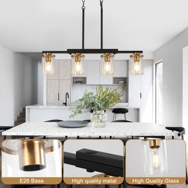 XvmBvm 4-Light Kitchen Island Lighting,Dining Room Lights Modern Farmhouse Chandelier with Clear Glass Shade,Modern Rustic Black and Gold Metal Chandelier, Kitchen Pendant Light Fixtures Over Table