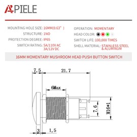APIELE 16MM Mushroom Head Push Button Switch Momentary Push Button IP65 Waterproof 12V 24V 36V DC 110V 250V AC 5A SPST (16mm, Red)