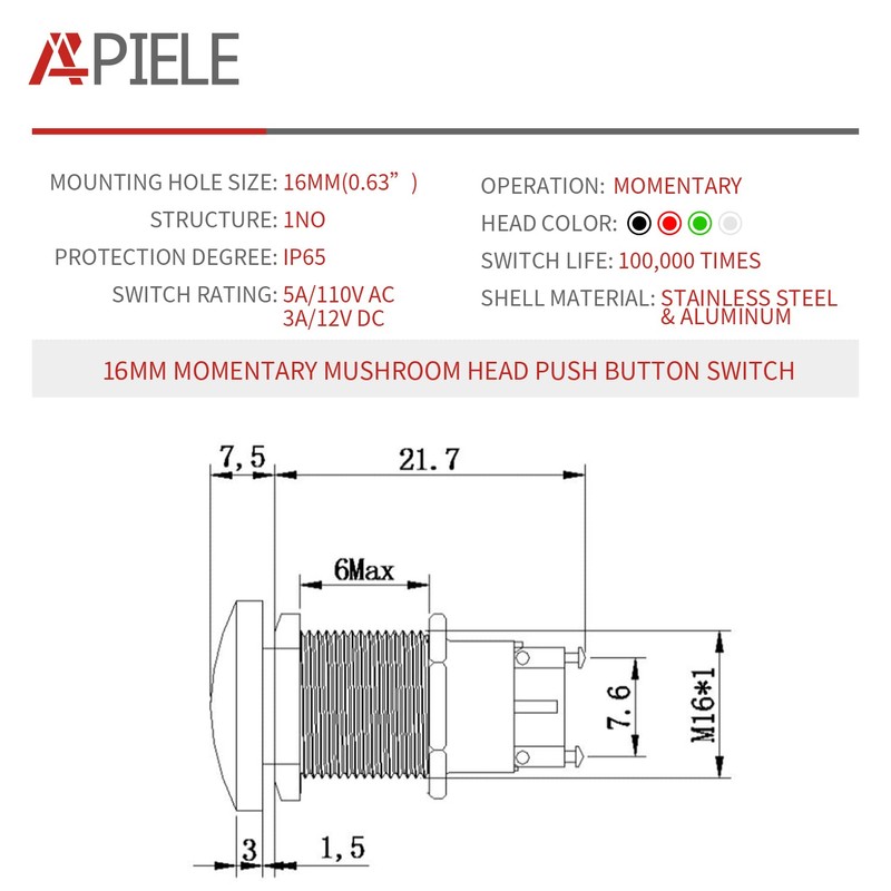 APIELE 16MM Mushroom Head Push Button Switch Momentary Push Button