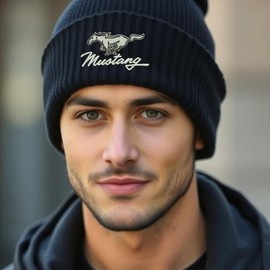 Mustang Car Beanie Hat Embroidered Vintage Cap (Black)