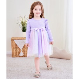 UPlee Toddler Girls Tulle Dress Winter Ruffle Long Sleeve Baby Girl Fashion Casual Tutu Dresses for Party School, Purple Galaxy, 2-3T