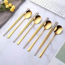 Buyer Star 4 Set Gold Square Chopsticks and Spoons Set Metal Stainless Steel Spoons Chopsticks Set