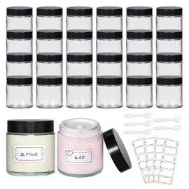 24 Pack 4 oz Glass Jars with lids, Clear Cosmetic Jars with Inner Liners and Black Lids, Lotion Jars, Candle Making Jars for Lotions, Scrubs and Cosmetic, Lables and Spatulas Include