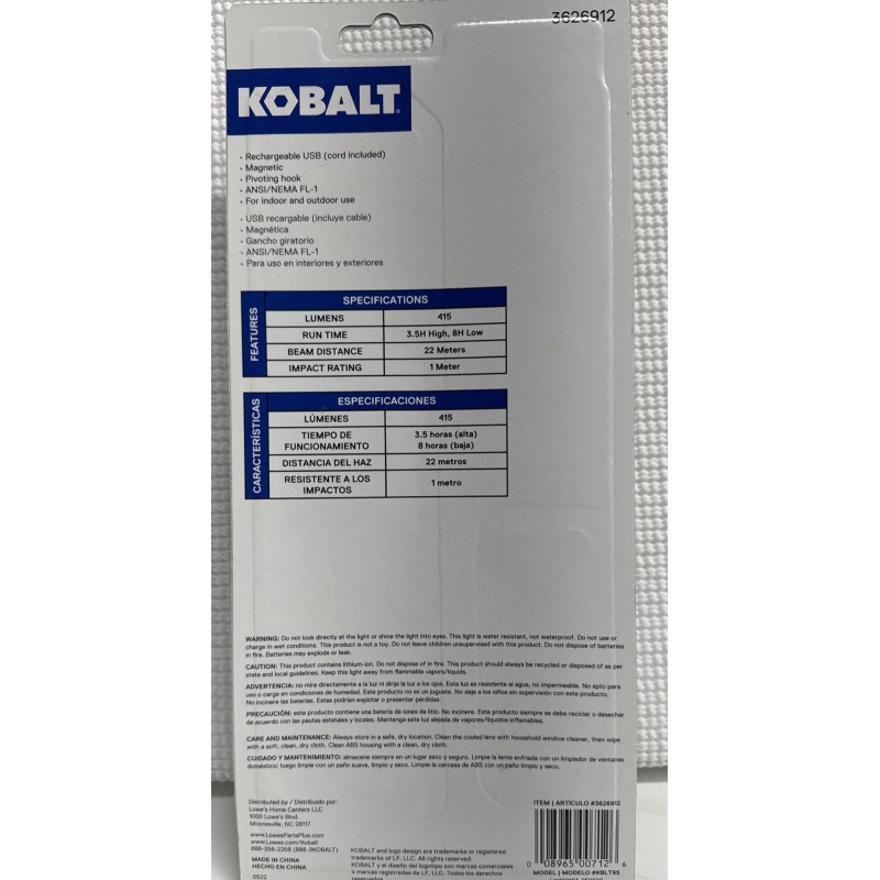 Kobalt Rechargeable LED 415 Lumens Handheld Work Light, Dimmable, NEW