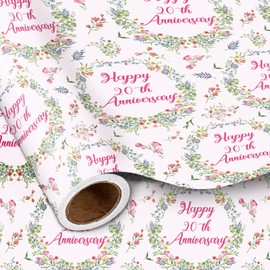 LeZakaa Anniversary Floral Wrapping Paper Roll, Happy 20th Anniversary, Pink Floral Wreath Gift Wrap for Wedding, Bridal Shower, Anniversary, Valentines Day, Party, Mini Roll, 17 inches x 16.4 Feet