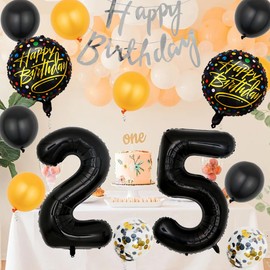 Black 25th Birthday Decorations Party Supplies-Silver Happy 25th Birthday Banner Latex and Confetti Balloons Paper Honeycomb Balls Huge Number 25 Balloons for Girls,Women,Men,Photo Props 25th Birthday
