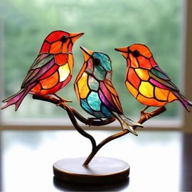 Naiveferry 1Pc Stained Glass Birds on Branch, Colorful Acrylic Birds Desktop Ornaments Modern Style Home Decorations for Living Room Bedroom Office(3 Birds)