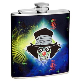 Hip Flask Gift Set with Refill Funnel and 2 Stainless Steel Shot Glasses - Evil Clown Design - Multicolor Wrapped Vinyl Finish - 6 oz Flask - Gift Box Included