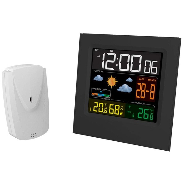 Majestic WT 248 Barometric Station with External Sensor, Colour LCD Display, Temperature, Humidity Alarm, Black, Small