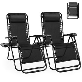 SMUG Folding Zero Gravity Chair, Set of 2 Outdoor Lounge Chairs, Portable Reclining Camping Chair with Adjustable Pillow and Cup Holder Trays for Patio Garden Lawn Beach, Black