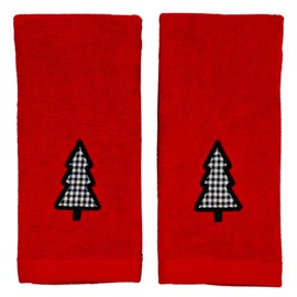 Decorative Christmas Theme Red Towel Set: Luxury Bathroom Fingertip Towels, Embroidered Check Tree Set of 2
