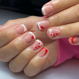 24Pcs French Tip Press on Nails Heart Fake Nails Short Square Valentines Glue on Nails with Hearts Lip Designs Artificial False Nails Full Cover Stick on Nails Acrylic Nails for Women Girls