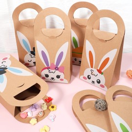 Qukou 12PCS Easter Gift Bags for Kids - Sturdy Kraft Paper Bunny Treat Bag, Thick Handled Party Favors Bag for Easter Egg Hunts, Classroom DIY Decor, Holiday Goodie Bags (4 Styles, 3 Each) (Brown)